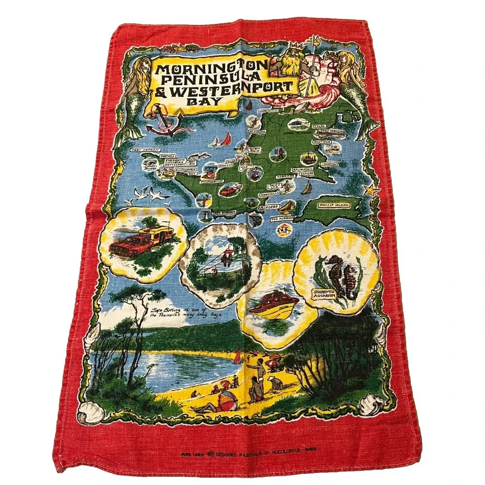 VTG Souvenir Linen Tea Towel Australian Scenic Bay Local Bird Kitchen Dish 17x28